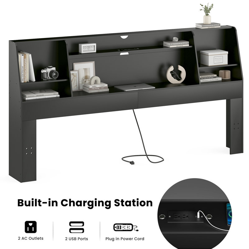 Wrought Studio™ Boookcase Headboard With Charging Station &amp; Light ...